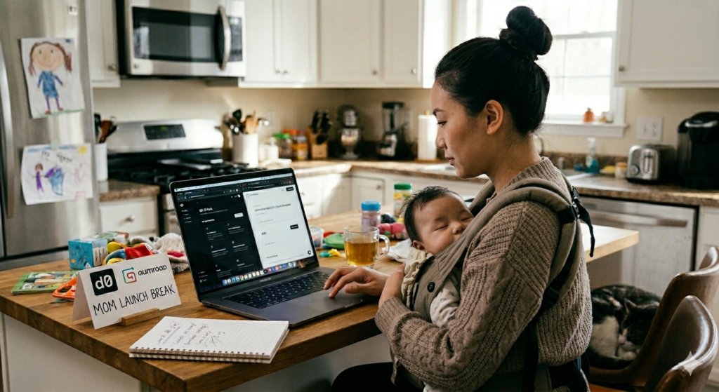 A mom developer does a side project using the d0 AI tool and Gumroad to launch a minimalist Next.js portfolio template during a short break.